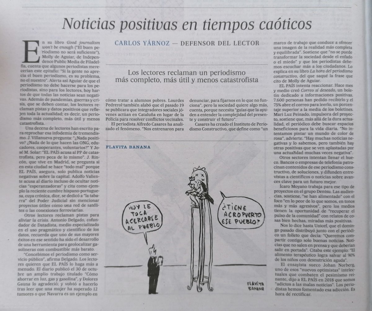 Hace unos días me llamó <a href="/cyarnoz/">Carlos Yárnoz</a>, defensor del lector de <a href="/el_pais/">EL PAÍS</a>, para conversar sobre el sesgo negativo de los medios y sus efectos. Hoy publica parte de nuestra charla en una columna que cierra con una llamada a la acción: "Es hora de rectificar". 
cc/ <a href="/cojoinstitute/">Instituto de Periodismo Constructivo</a>