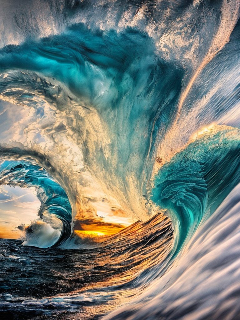 fine-art landscape and nature photography of ocean, Stunning Photos of breaking Ocean Wave, close-up view, High-speed photography, HDR, artistic, Minimalism Photography, cloudy sky, magic time, sunset, golden shining, atmospheric, depressing, masterpiece, golden ratio composition, 500px, 8K, wallpaper, -H 1024 -S 6820342731