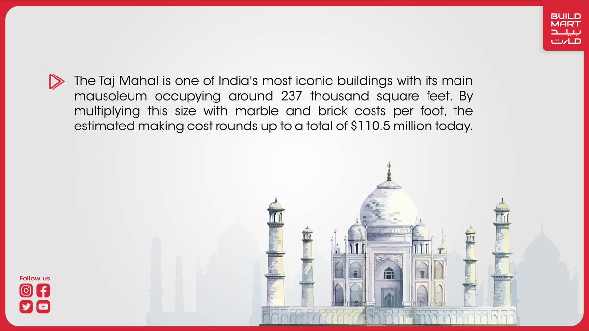 buildmartonline's tweet photo. Do you know what Taj Mahal would cost to build today?

#worldbuilding #wonderoftheworld #TajMahal #india  #buildingdesign  #monumental  #iconicbuildings  #SaudiArabia  #buildmart #buildmartonline #buildmartksa #Sunday #sundaypost  #architecture  #design #History  #construction https://t.co/VwXdZuxI6t