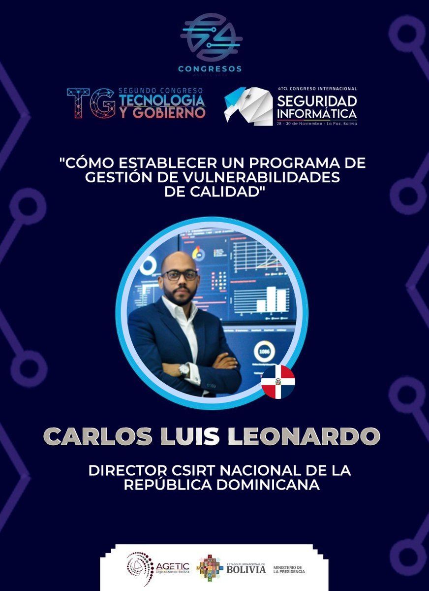 🎉¡Confirmados nuestros conferencistas magistrales para el segundo día de jornada de #Congresos de AGETIC! 👏
Te presentamos a <a href="/javierbarreiro/">Javier Barreiro</a>, Ibar Vásquez, Eduardo La Rosa, Carlos Luis, quienes nos compartirán sus conocimientos sobre #SeguridadInformática y #TecnologíaYGobierno