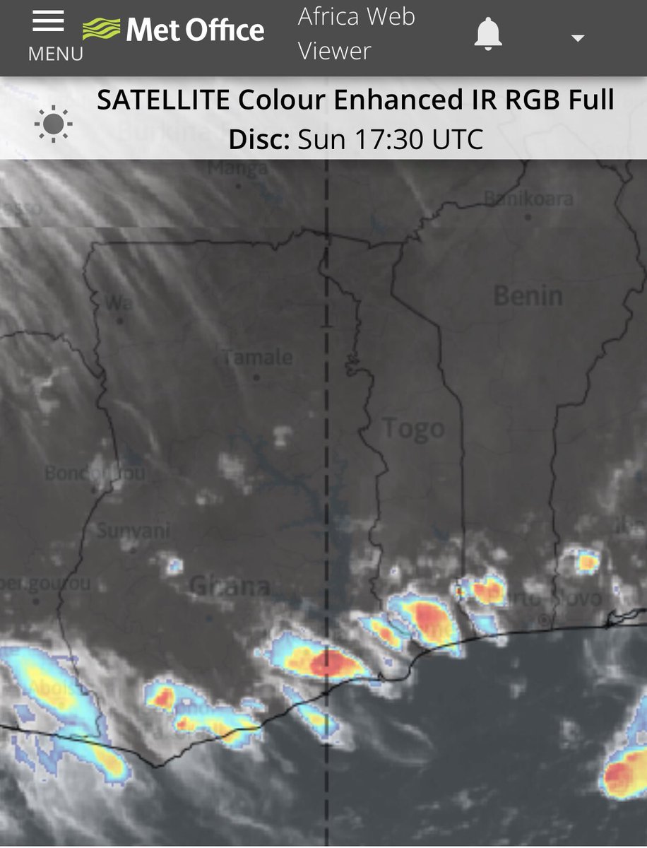 GhanaMet's tweet photo. This is the current state of the atmosphere. Rain clouds spotted in pockets along the coast and some forest areas. It should already be raining over parts of southern Ghana but more areas will experience rain this evening. https://t.co/D6RxqUDbEL