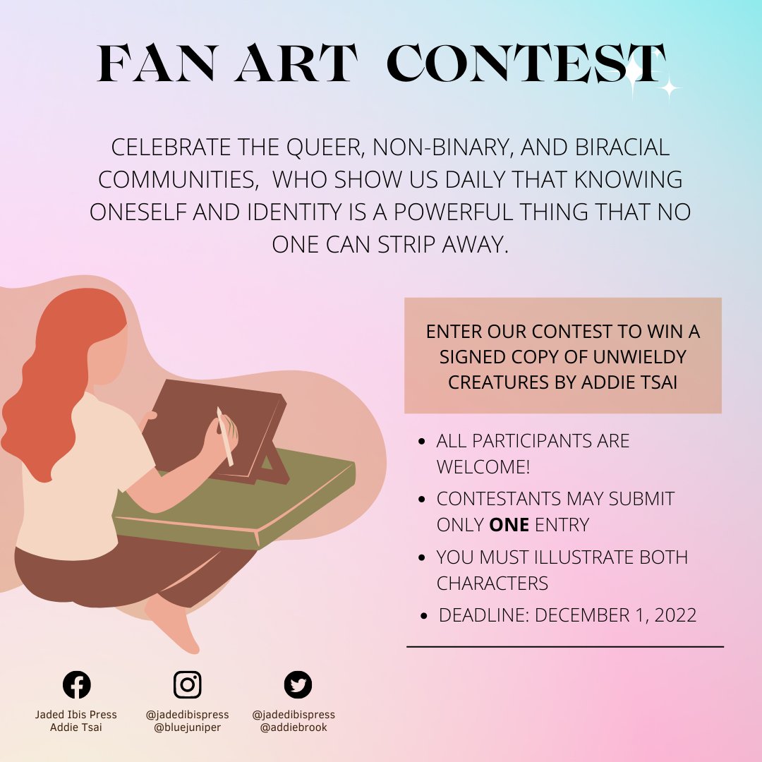 JadedIbisPress's tweet photo. The submission for Addie's (@addiebrook) fanart contest is still open! For more information on how to enter, https://t.co/Y4Y6iwDixt π¨π§ββοΈ
#artcontest #BookRecommendations #horrorbooks #UnwieldyCreatures #AddieTsai https://t.co/QgZtNR7nbx