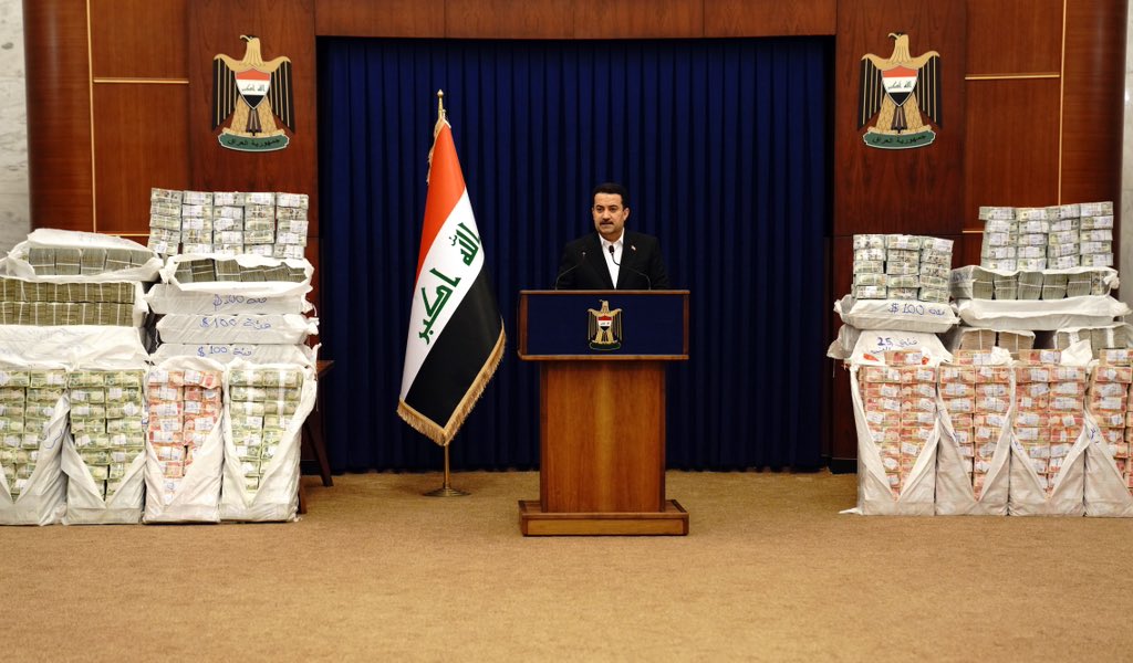 IraqiPMO's tweet photo. Prime Minister @mohamedshia announced the recovery of 182.7 billion Iraqi dinars as the first part of the embezzled 1.681270 trillion Iraqi dinars that will be recovered within two weeks. https://t.co/zIAW4JIIVu