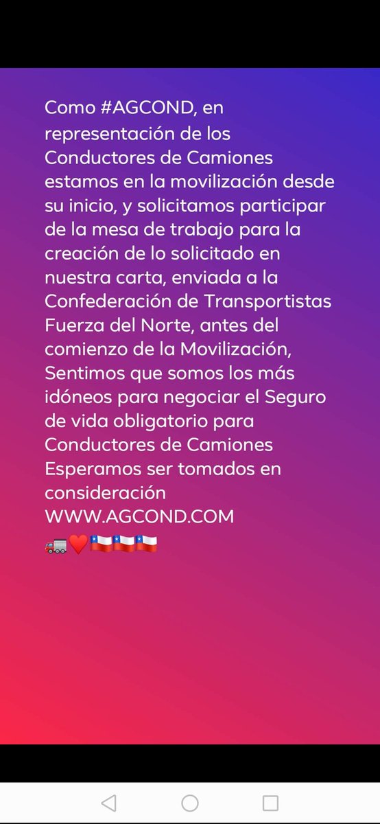 AGCOND_Chile's tweet photo. #AGCOND Como Asociación Gremial De Conductores de Camiones de Chile Nos gustaría ser parte de la mesa de Trabajo con respecto al Seguro de vida y Seguridad, somos los afectados en primera persona
#CamionerosChilenos
https://t.co/7RhRf48XiK
🚛♥️🇨🇱🇨🇱🇨🇱 https://t.co/D8SBymPb3G