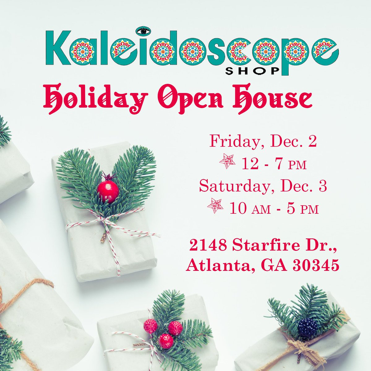 Come to our open house this coming weekend for unique and handmade kaleidoscopes and gifts! #kscopeshopatl #shopsmall #shopsmallatl