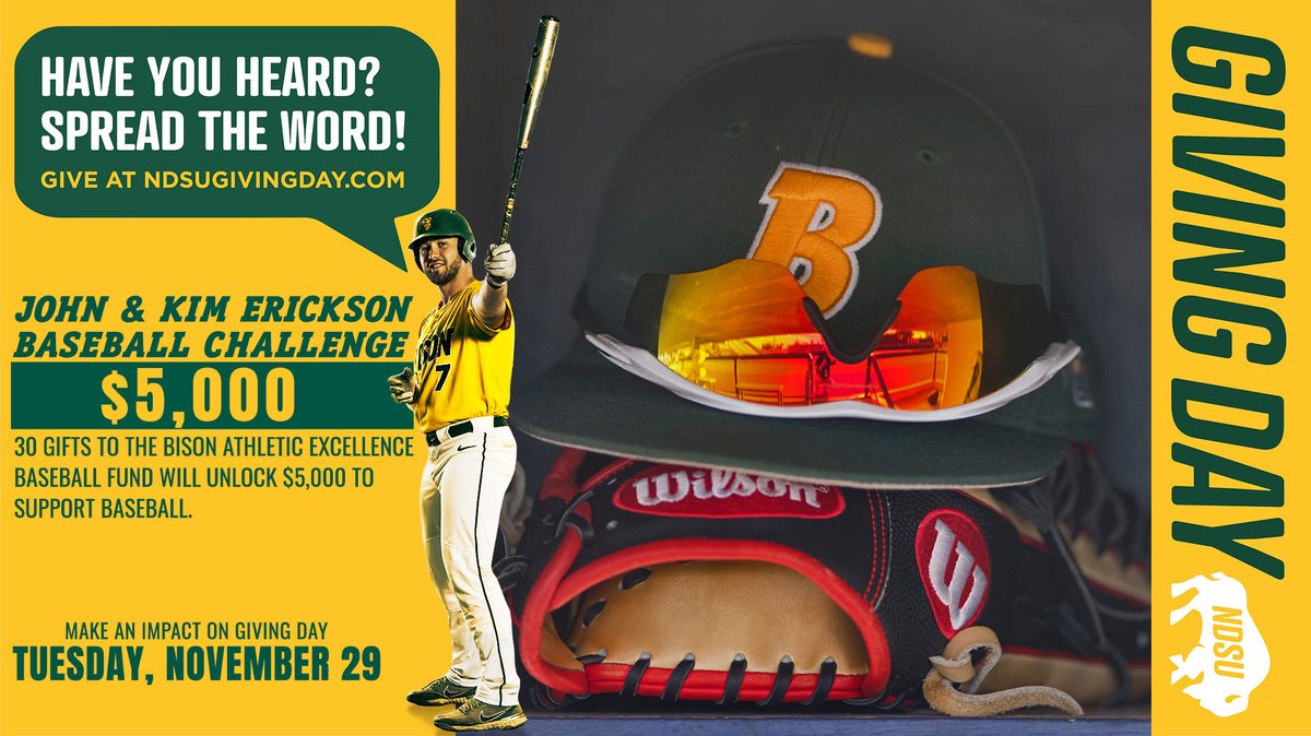 Help us knock 𝐆𝐢𝐯𝐢𝐧𝐠 𝐃𝐚𝐲 out of the park on Tuesday! 

𝟑𝟎 gifts to Bison Baseball on 11/29, no matter the amount, unlocks $𝟓,𝟎𝟎𝟎 to support our program 🤘

We appreciate your support: bit.ly/3F6v7oj