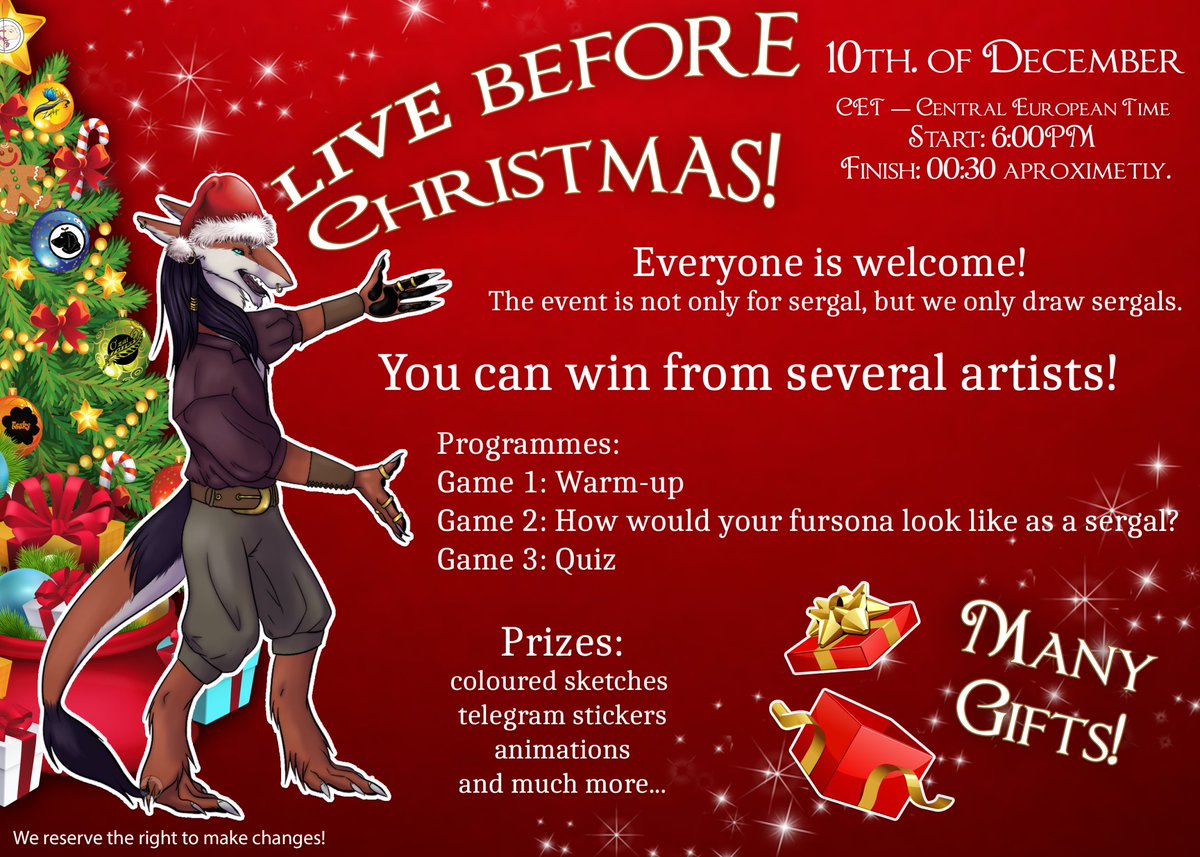 🎄Event on 10th of December🎄 :> 
💝Pls see more info on FA💝
furaffinity.net/view/49993367/ #raffle #event #christmas2022 #sergalharem #livestreaming #furry #furryart #furryartist #sergal #mick39 
~SergalHarem team~