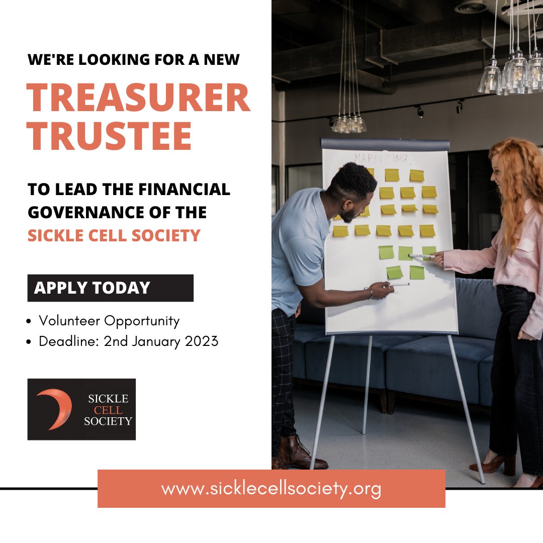 SickleCellUK's tweet image. Could you be our next Board Treasurer/Trustee for the Sickle Cell Society?

SCS are seeking a new Treasurer to join our Board of Trustees.

Interested in finding out more? Visit our website for more information. 
sicklecellsociety.org/trusteetreasur…

#sicklecell #sicklecellawareness