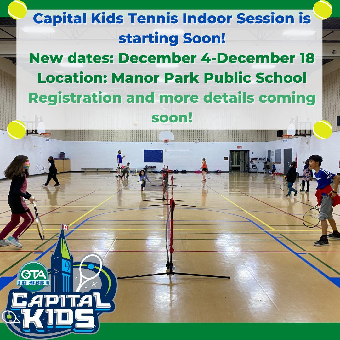 capitalkidstenn's tweet photo. 🎾Hi everyone, we have found a new location and have chosen new dates for the upcoming indoor session. Lessons will take place at the Manor Park Public School gymnasium December 4th to December 18th. 
Registration and more info coming soon!🎾 https://t.co/r49xFjov15