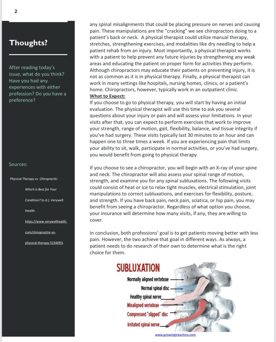 gracevgaffney's tweet photo. Today’s issue of the KNOW compared chiropractors to physical therapists. Always do your own research to determine which option is best for you! #theknow #physicaltherapy https://t.co/gyhKCmiK0d