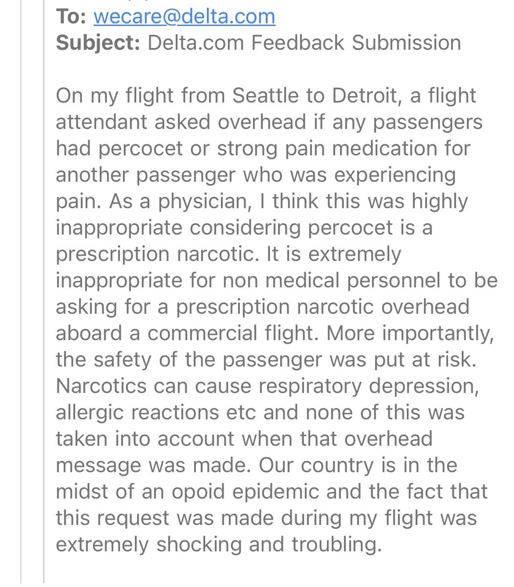 MD40646325's tweet photo. Absolutely disgusted at @Delta . As a pain medicine physician I was shocked to hear the flight crew asking passengers for narcotics for a passenger in pain. We are in an opioid epidemic!!!! Total non answer! #opioidcrisis #addiction #narcotic https://t.co/nUSdNX1qKu