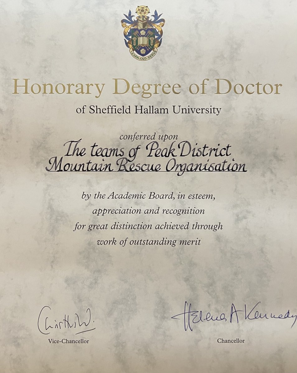 edalemrt's tweet photo. The Peak District Mountain Rescue Organisation has been awarded an Honorary Doctorate of Science from Sheffield Hallam University 
 "For its outstanding, sustained contribution to public safety and wellbeing through the service of selfless, dedicated volunteers" https://t.co/JJ43VOahcJ
