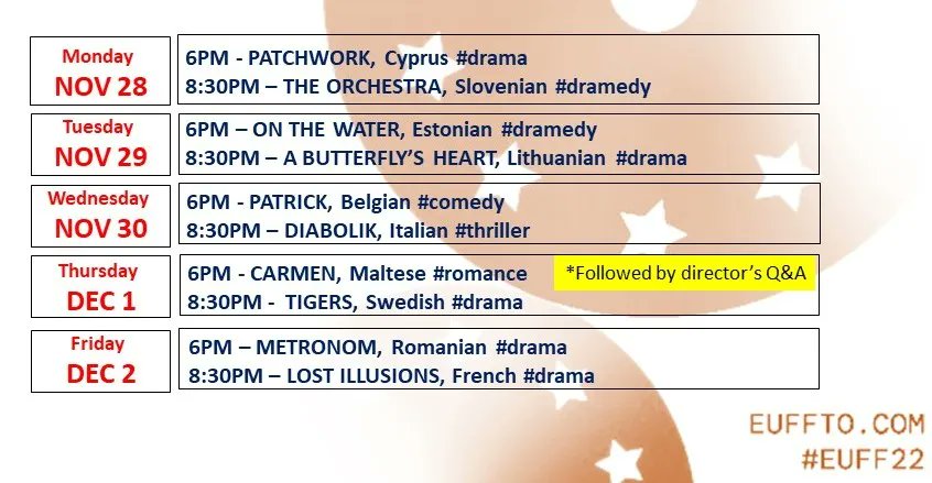 EUFFTO's tweet photo. An exciting last week ahead at #EUFF22 🤗

Check out the list of films that will play at the Spadina Theatre from Monday to Friday and visit https://t.co/ALxD57B86S to book your tickets! https://t.co/5ZJTcmzreq