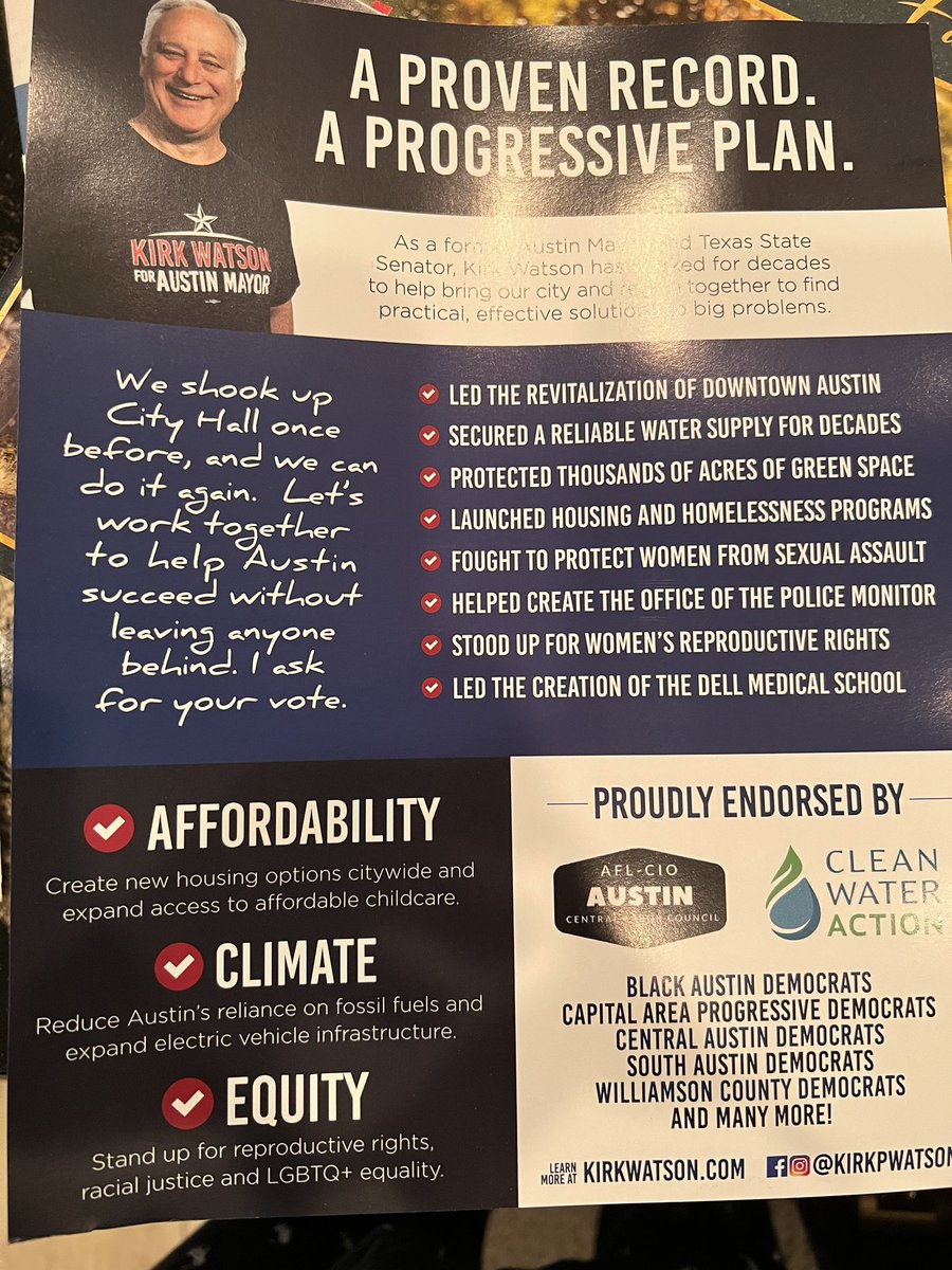 The separate GOP and Progressive mailers that <a href="/KirkPWatson/">Mayor Kirk Watson</a> is sending are the perfect summary of the last 4 years of ATX politics (esp lower left box)

Kirk’s real skill has always been telling you whatever you want to hear. 

#txlege #atxcouncil
