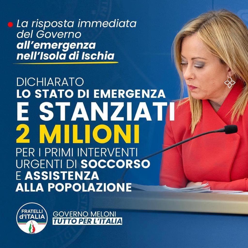 marcomeloro's tweet photo. Il Cdm di questa mattina ha dato un risposta immediata alla tragedia che ha colpito Ischia. 
Questo è il Governo che vogliamo. @FratellidItalia #Ischia https://t.co/KKYivMl8Cx