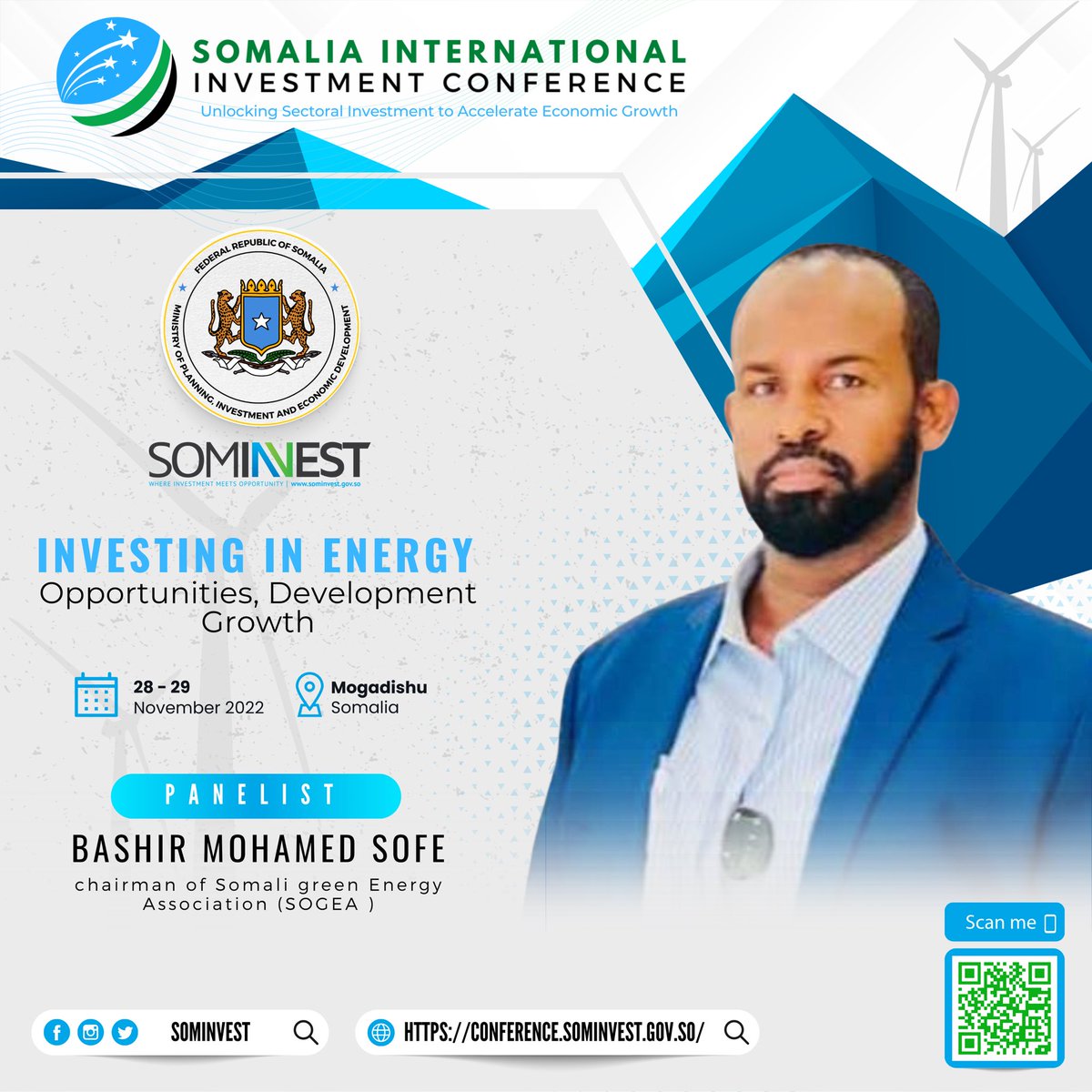 Invest_Somalia's tweet photo. BASHIR MOHAMED SOFE, chairman of the Somali green Energy Association (SOGEA ), will be a panellist on the Energy sector that provides an understanding of Somalia's Energy landscape and some key governmental regulatory advancements in the energy sector in the past few years. https://t.co/GejMeDl4Ai