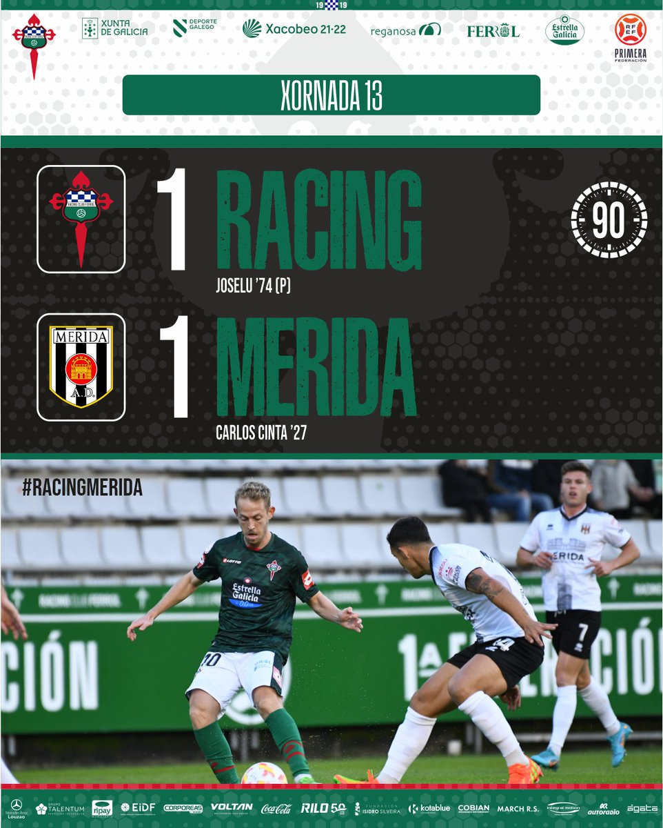 racingferrolsad's tweet photo. 2⃣⏹️⏱️9⃣0⃣ | 1-1 | Final do encontro na Malata. Empate do Racing que mereceu máis nos derradeiros minutos do encontro. #RacingMerida #PrimeraFederacion #OpaRacing https://t.co/VggK9JQMr7
