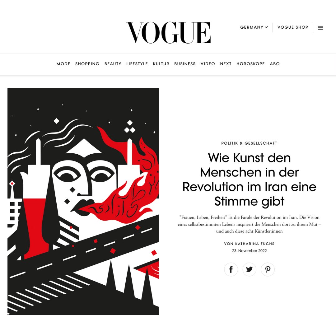 In this month’s issue of <a href="/VOGUE_Germany/">VOGUE_Germany</a>. Jîn, Jîyan, Azadî. Woman, life, freedom. ❤️‍🔥✊🏽 “How Art Gives People a Voice in the Revolution in Iran” vogue.de/kultur/artikel…

#FrauenLebenFreiheit #FrauenLebenFreiheit_Koeln #WomanLifeFreedom #ژن_ژیان_ئازادی #زن_زندگی_آزادی #ژینا_امینی