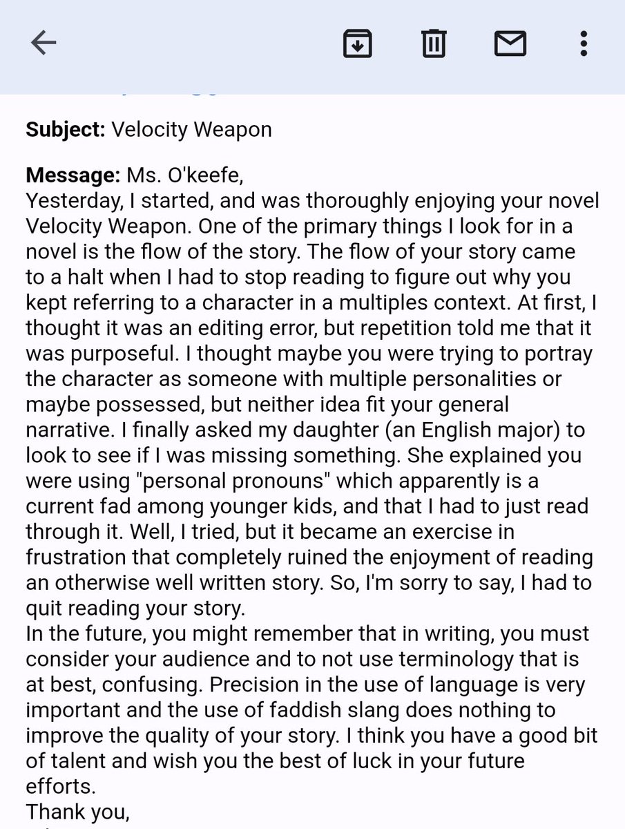 MeganEOKeefe's tweet photo. Normally I roll my eyes at emails like this and move on. But, considering the current climate, I think it bears repeating: Representation matters. The real world is full of varied, awesome people, and my stories will continue to reflect that to the best of my ability. https://t.co/yNu2LuvflN