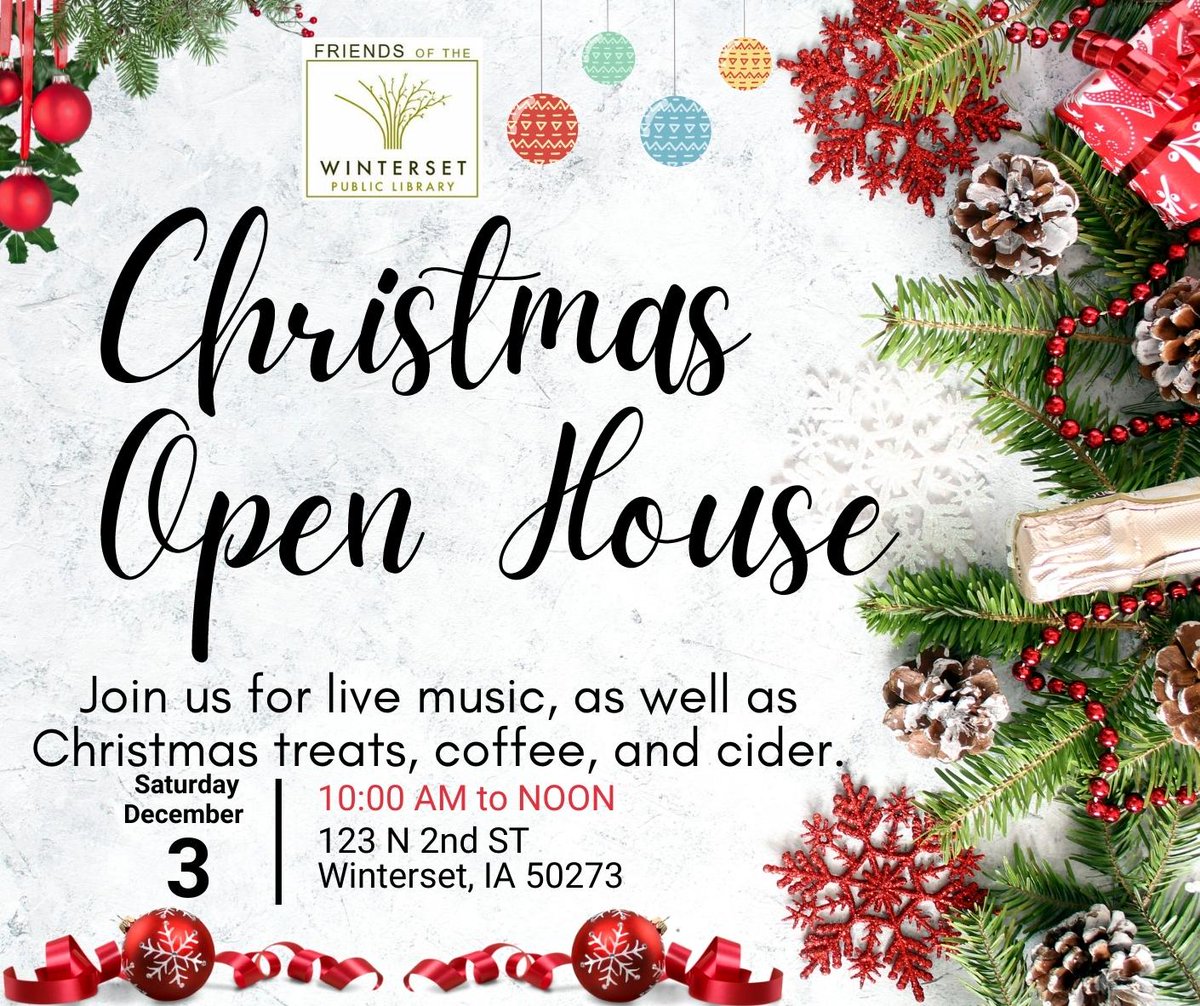 WintersetLib's tweet photo. The Friends of the Library annual Christmas Open House will be next Saturday morning! https://t.co/i0szHaKo6R