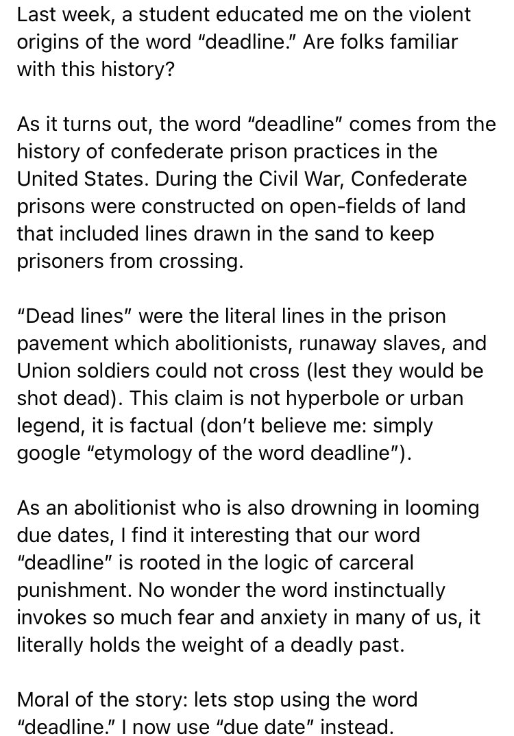 DrFrankRoberts's tweet photo. One of the joys of being a professor is encountering extraordinary students who teach me vital, new things. 

Last year, a student educated me on the violent origins of the word “deadline.” Are folks familiar with this history? Do historians agree with this peoples-history? https://t.co/83SZ8QHTnp