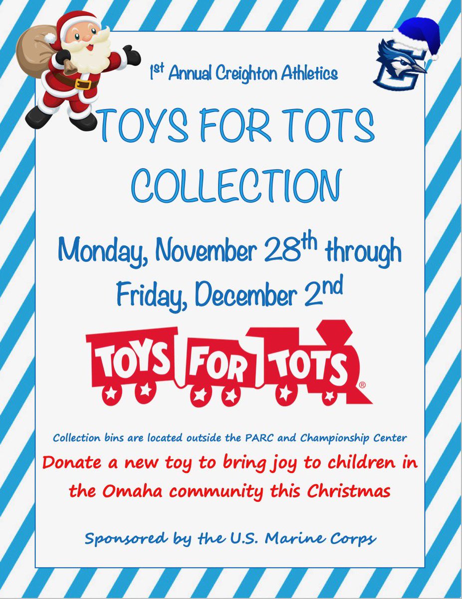 ATTENTION STUDENT ATHLETES!!!!!!!!!!
Introducing the first annual Creighton Athletic’s Toy Drive. 
Supporting and bringing joy to kids around Omaha this holiday period.
Get with your team, family, friends, or whoever to get as many toys as we can for those who are less fortunate.