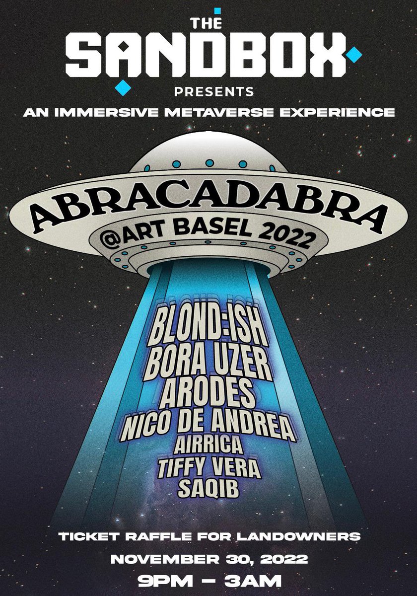 TheSandboxGame's tweet photo. 👋 GM LAND owners! @blond_ish and @TheSandboxGame celebrate the return of ABRACADABRA during Miami Art Week. 

RSVP at Sandbox_RSVP@the5thcolumnpr.com https://t.co/s97gZfgRAf