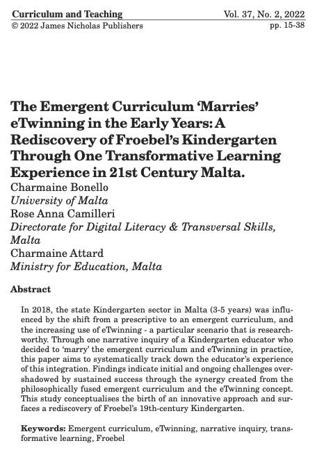 rocamt's tweet photo. Another of my articles published!
Authored by Ms Charmaine Attard(Kindergarten Educator), Dr Rose Anna Camilleri (Education Officer) and Dr Charmaine Bonello(Lecturer, University of Malta). 
The article is published in the refereed international journal 'Curriculum and Teaching'. https://t.co/8qHU3rJ1Vd