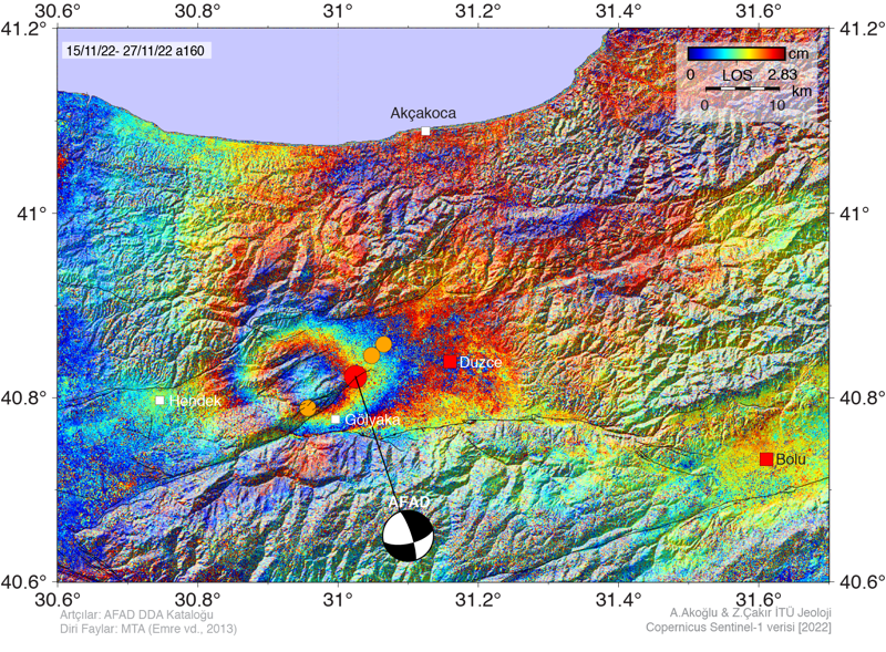 AktifTektonik's tweet image. 23 Kasım 2022 Düzce depremine ait ikinci #interferogram (kmz birazdan atag.itu.edu.tr/v4/?p=1062 adresinde)