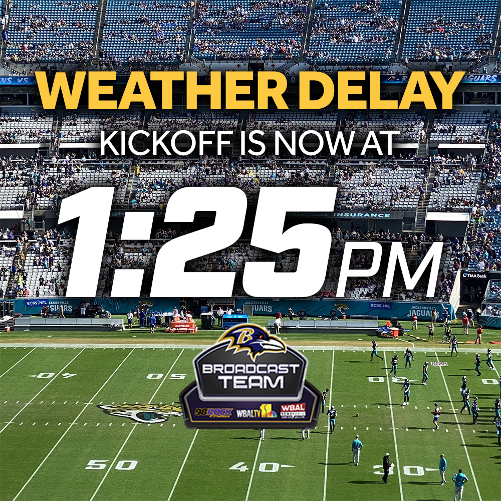 wbalradio's tweet photo. Players are coming back on the field after a rain delay. They are being given 15 minutes to warm up. Kickoff is now 1:25. #RavensFlock #BALvsJAC https://t.co/iH3yiuGyaI