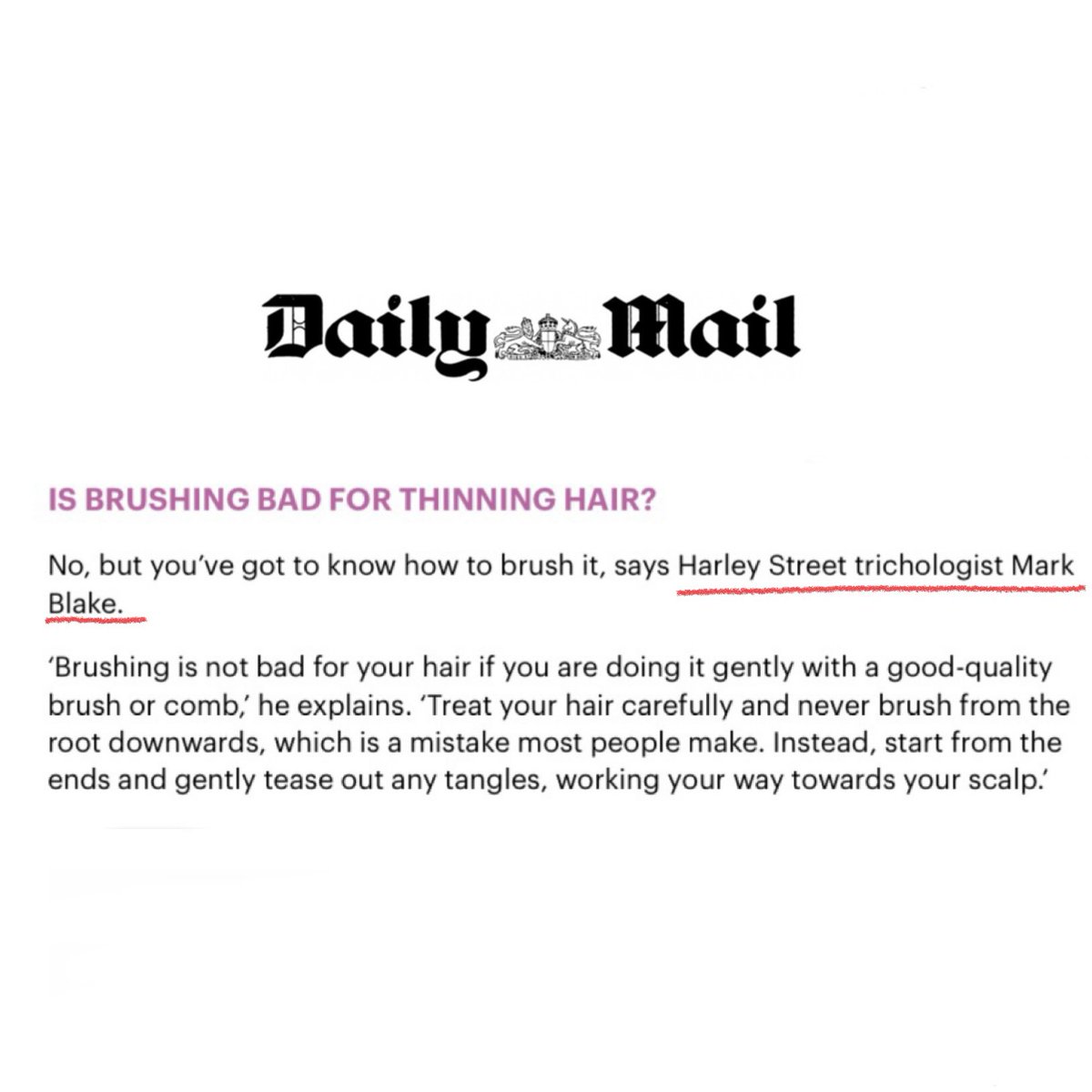 Daily Mail. Harley Street Trichologist Mark Blake. Is brushing bad for thinning hair. markblake.co.uk #markblake #markblaketrichologist #forthehairyoudeserve #harleystreet #liverpool #gloucester #cheltenham #menopause #hairloss #trichologist <a href="/TrichologistsUK/">The Institute of Trichologists</a>