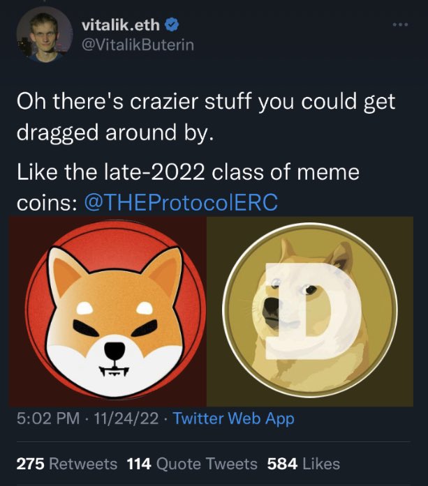 nickmuffoletto's tweet photo. So @VitalikButerin says we’re $THE late-2022 class of meme coins. Tagging @THEProtocolERC first of course 🌚 not to mention this is probably his 5th time engaging with $THE community. Today he also tweets about based layers of clothing. We go on walks everyday with our dogs/cats! https://t.co/O1cOY2nzfh