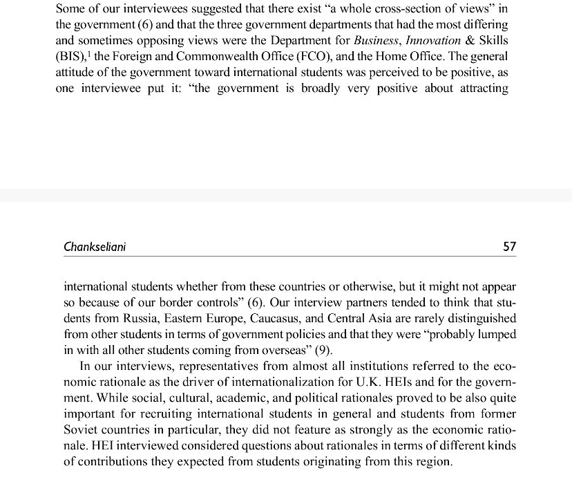 MChankseliani's tweet photo. This paper presented findings from interviews (conducted in 2016) with UK HEI international offices https://t.co/041mclO6zU
Interviewees spoke about major differences between the UK govt offices when in comes to international students https://t.co/ogIHRvZz5w