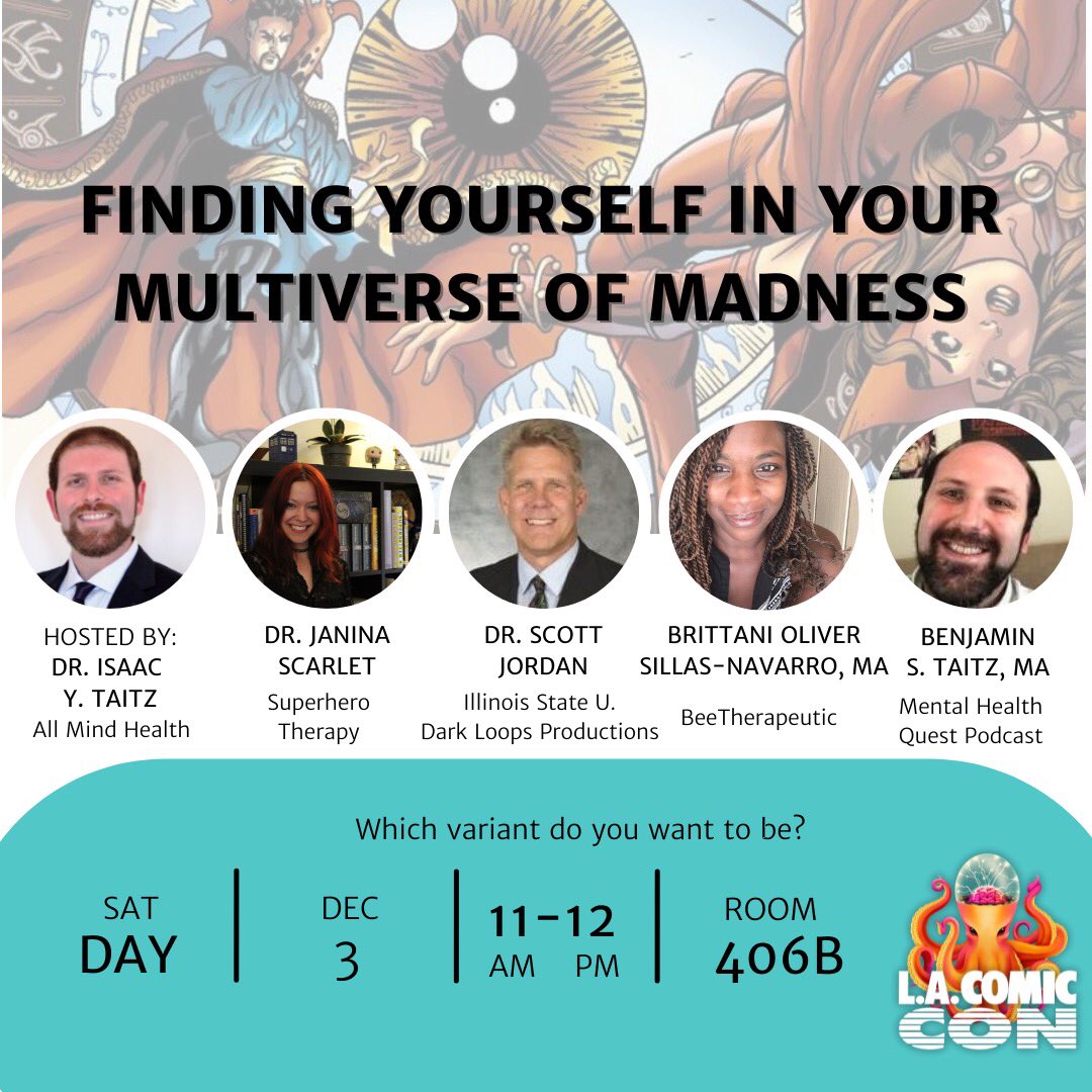 MHQPodcast's tweet photo. Our cohost Benjamin will be @LaComicCon with @AllMindHealth1 @Dark_Loops @ShadowQuill @PodcastStarship @JIJennings @lizzyns @BeeTherapeutic and @MattNosnum presenting and hosting 4 panels!!! If you’re gonna be there come say hi!!! https://t.co/C4F4E3yQ1m