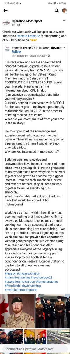 opsmotorsport's tweet photo. Proud that Josh is finding other avenues to pursue and grow as he works on his medical transition from the @CanadianForces #3PPCLI #Motorsport #mentalhealth @OverlandTaco https://t.co/U1HLMOV0cJ