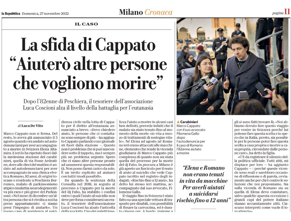 marinellazetti's tweet photo. Per garantire libertà ai cittadini, Marco Cappato deve sopperire alla carenze legislative e rischiare 12 anni di prigione. #liberifinoallafine #marcocappato #finevita #eutanasia #autodenuncia @rep_milano https://t.co/fa2pF28XoQ