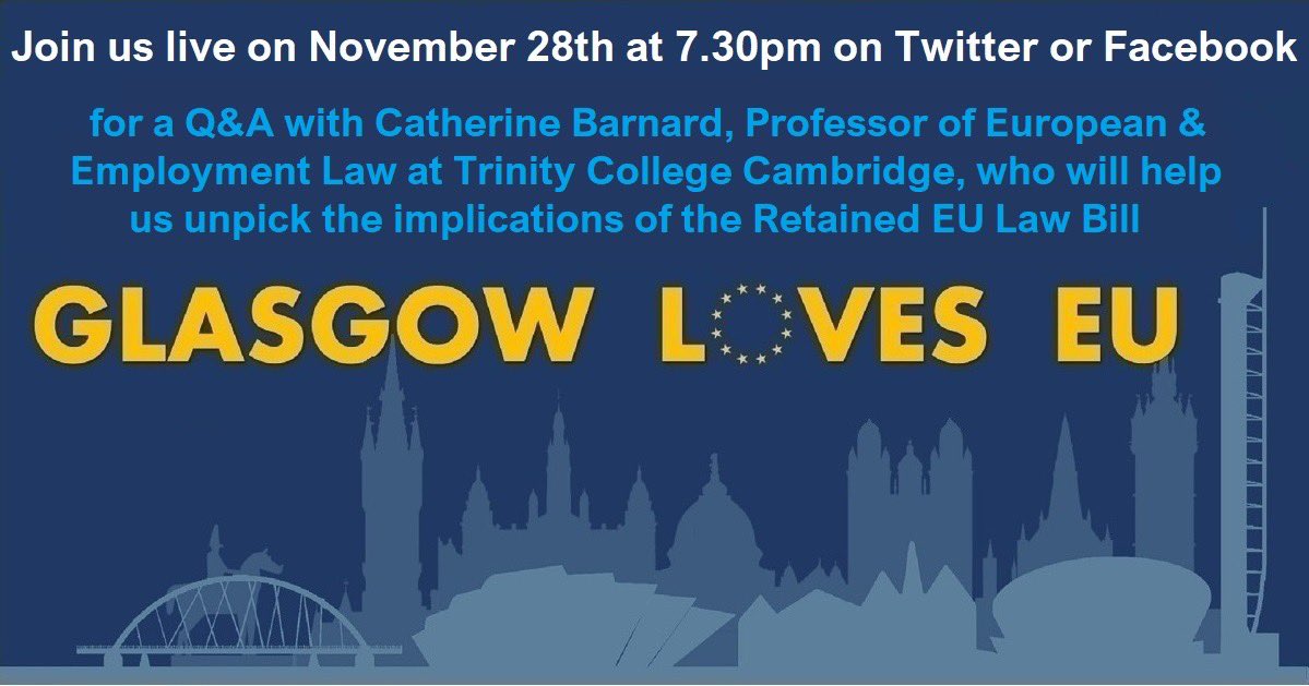 On tomorrow’s livestream we will be discussing the #RetainedEuLawBill 
with Professor Catherine Barnard of Trinity College Cambridge 
Join us here on Twitter at 730pm
<a href="/DavidHenigUK/">David Henig 🇺🇦</a> <a href="/Lambeth4Europe/">Lambeth for Europe</a> <a href="/Devon4Europe/">Devon for Europe #StillEuropean</a> <a href="/Cornwall4EU/">Cornwall for Europe #FBPE</a>