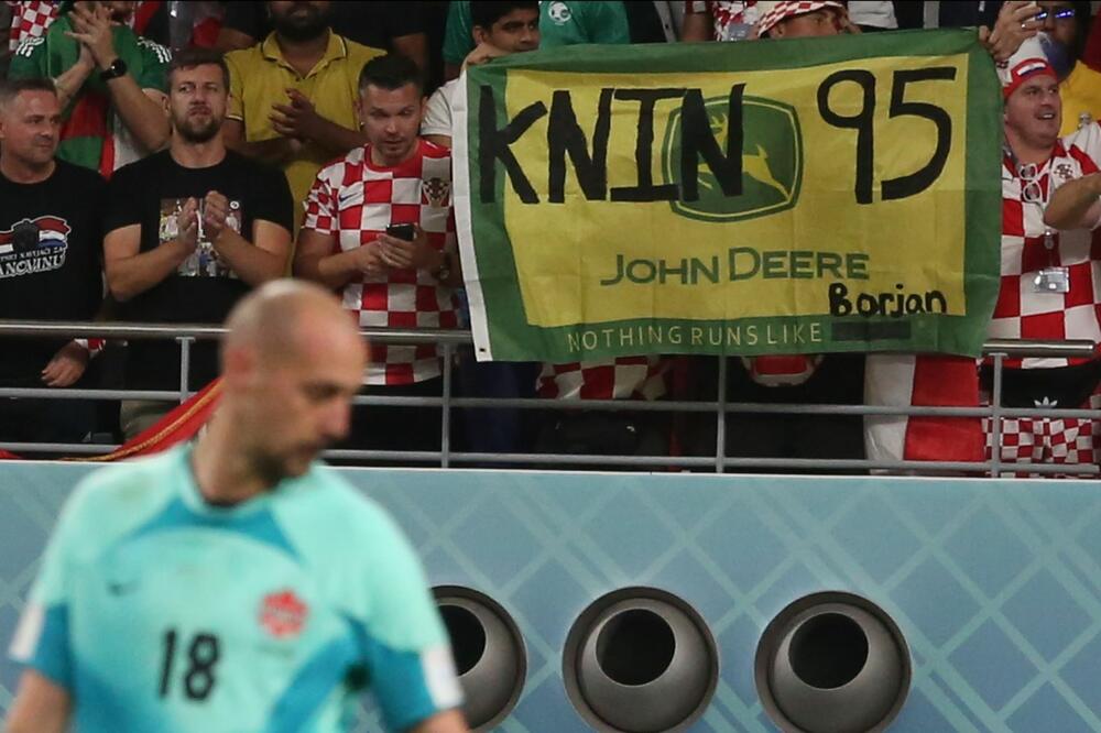 Croatia fans held up this flag aimed at Canada goalkeeper Milan Borjan. 'Knin 95 - Nothing runs like Borjan.' Knin is Borjan's hometown and the flag refers to the victory in the war over Serb separatists which saw Borjan and most Serbs from Croatia driven from their homes.