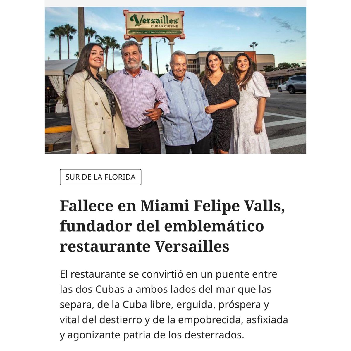LaLibertadDig's tweet photo. Felipe Valls, el renombrado empresario y exiliado cubano, fundador del emblemático restaurante Versailles, falleció este sábado en Miami a los 89 años https://t.co/AqF58LZvME