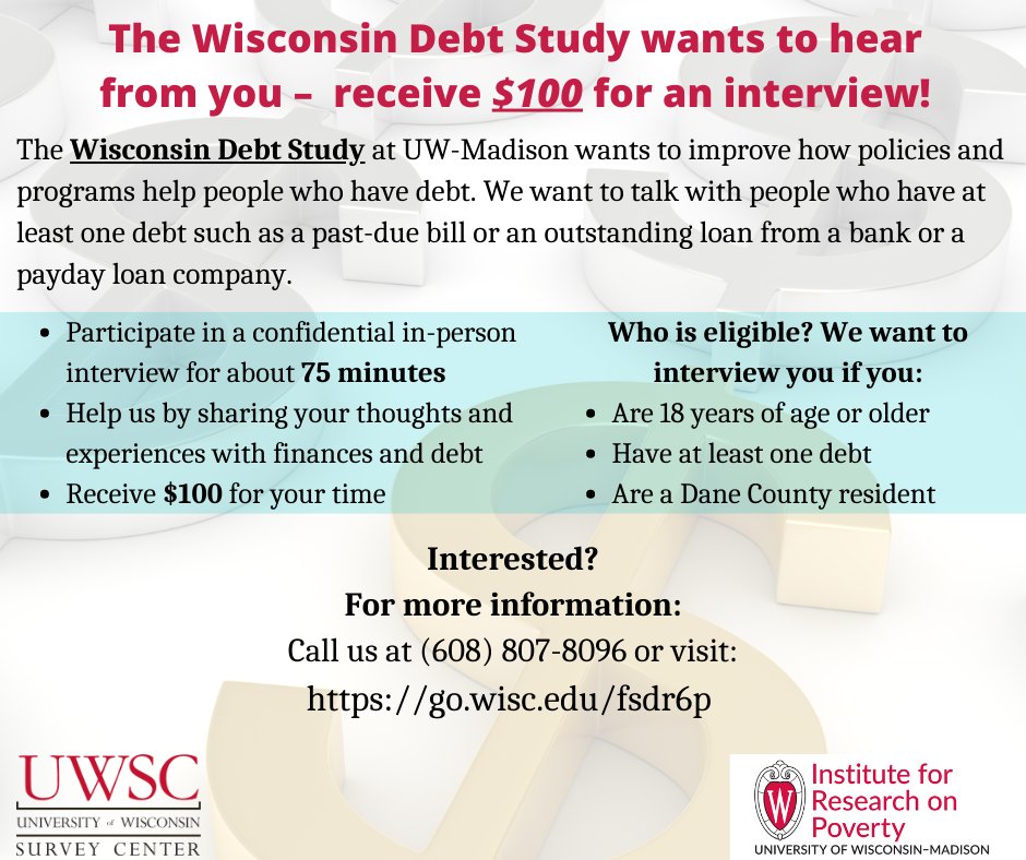 JenniferDykema's tweet photo. We are recruiting for an important study about debt! You will receive $100 for participating!
https://t.co/JoejcY6bhp https://t.co/cu9VLOhgkh