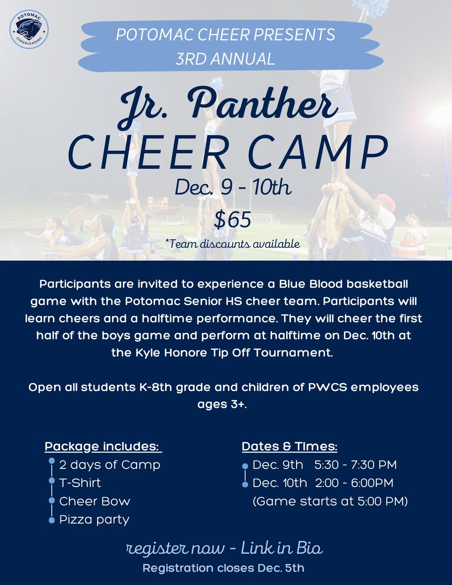 Jr. Panther camp is back!! 🐾🐾Register today to join your Panther cheerleaders on the floor Dec. 10th at the Kyle Honore Tip Off game! Link in Bio!! 💙