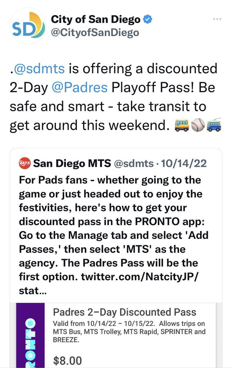 LoriSaldanaSD's tweet photo. +#SDMTS DISCOUNTED transit passes for #Padres playoffs!
Who thought RAISING parking fees 25-300% & stopping Park Blvd bus routes was "equitable" for this event?
-Was a cost-benefit analysis done?
-Where do the parking fees go? Transit? #BalboaPark?
Or buried in the General Fund? https://t.co/xNI9BsXjAj
