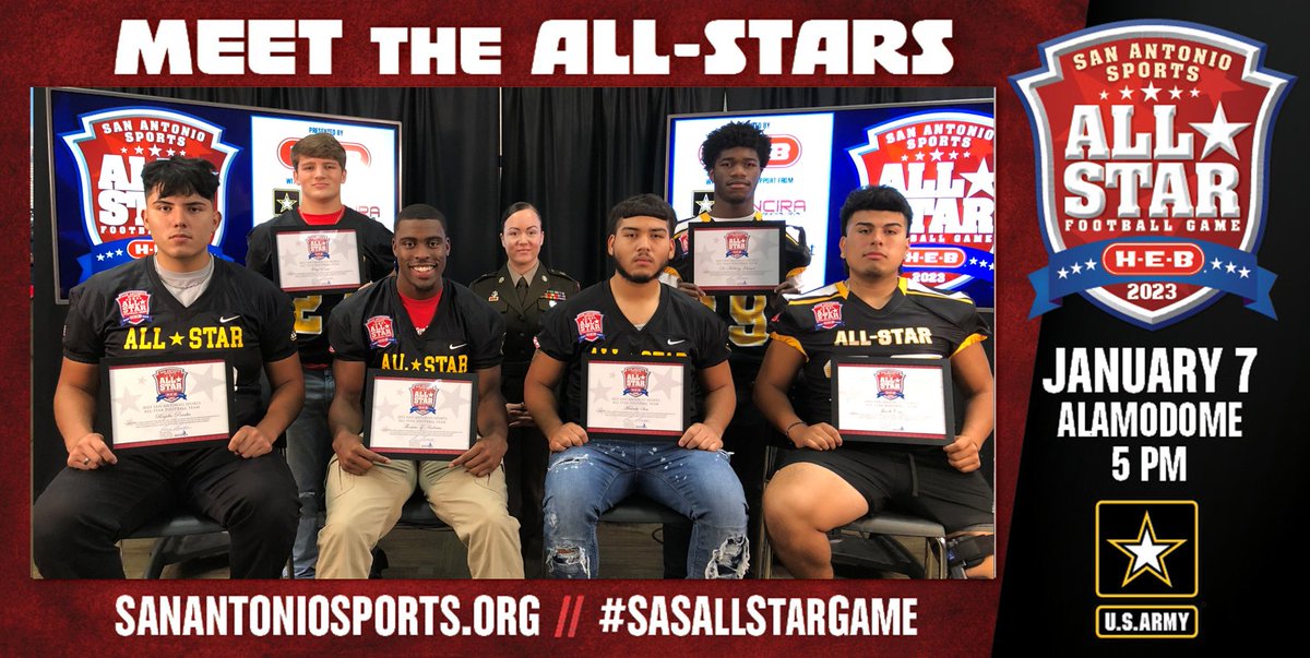 SA_Sports's tweet photo. Congrats to @BrackFB @rogeliosshow; @TaftRaider @Tandrews_0 &amp; @clayporter_18; @HighlandsOwlsFB @Big54Mal &amp; @showtimeedee; @VoksFootball @cruuzzz__ who were selected to play for Team Black in the #SASAllStarGame. Tune in &amp; meet them tonight on @News4SA Sports Sunday at 11 PM. https://t.co/0ZF0XWNJTp