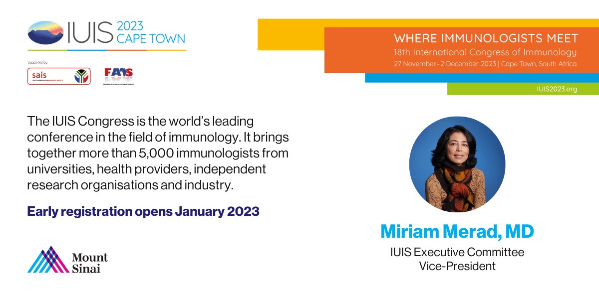 Dr. @MiriamMerad, VP of @iuis_online and Director of @SinaiImmunol, invites you to join IUIS 2023 which brings together 5,000+ immunologists to leverage the connectivity between human health and basic immunology – in South Africa, Africa, and globally: mshs.co/3hzPNM4