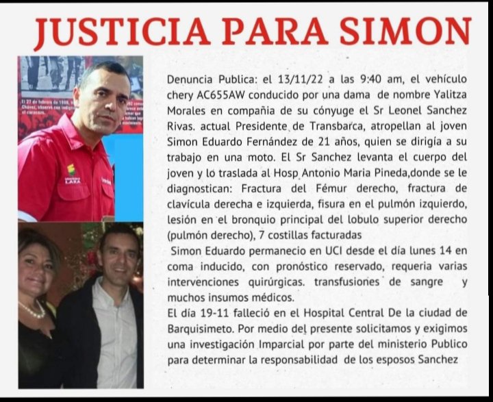 raymondickinson's tweet photo. @NicolasMaduro El señor Leonel Sánchez Pdte de transbarca y su esposa atropellaron al joven Simon Fernández con un carro oficial el día 13-11-2022 el cual falleció 6 días despues y no se han hecho responsables de su acto, exigimos justicia para Simón. @TarekWiliamSaab https://t.co/9JoywINw8h