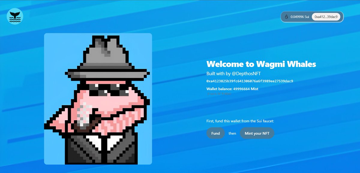 Devnet Mint is live!
1️⃣Go to wagmi-whales.vercel.app
2️⃣Connect your sui wallet
3️⃣Mint NFT
Follow <a href="/wagmi_whale/">.</a> Rt &amp; ♥️
Join Discord discord.gg/wagmiwhales
Random minters may get Whitelist.

Special thank you to <a href="/DepthosNFT/">Depthos | SOLD OUT</a>
Team 
#SuiEcosystem #Sui #SuiNetwork #NFTs #Suinami