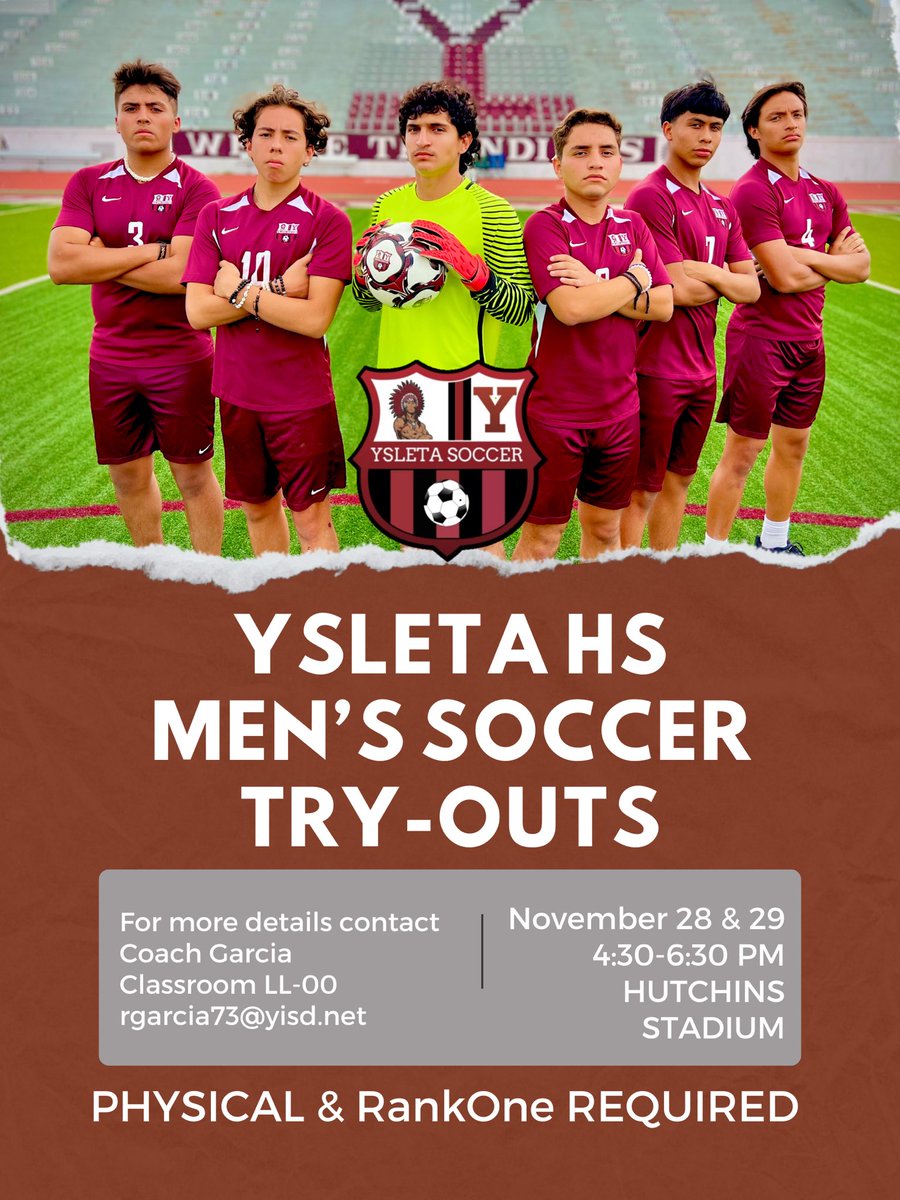 MEN’S SOCCER TRY-OUTS! 
<a href="/YsletaSports/">Ysleta HS Athletics</a> <a href="/YsletaHSIndians/">Ysleta High School Indians</a> <a href="/ysletafootball/">Coach Martinez</a> <a href="/YsletaHS/">Ysleta HS</a> <a href="/coachrgarcia/">Coach Garcia MBA</a> <a href="/CoachMarquez5/">Ruben Marquez</a>