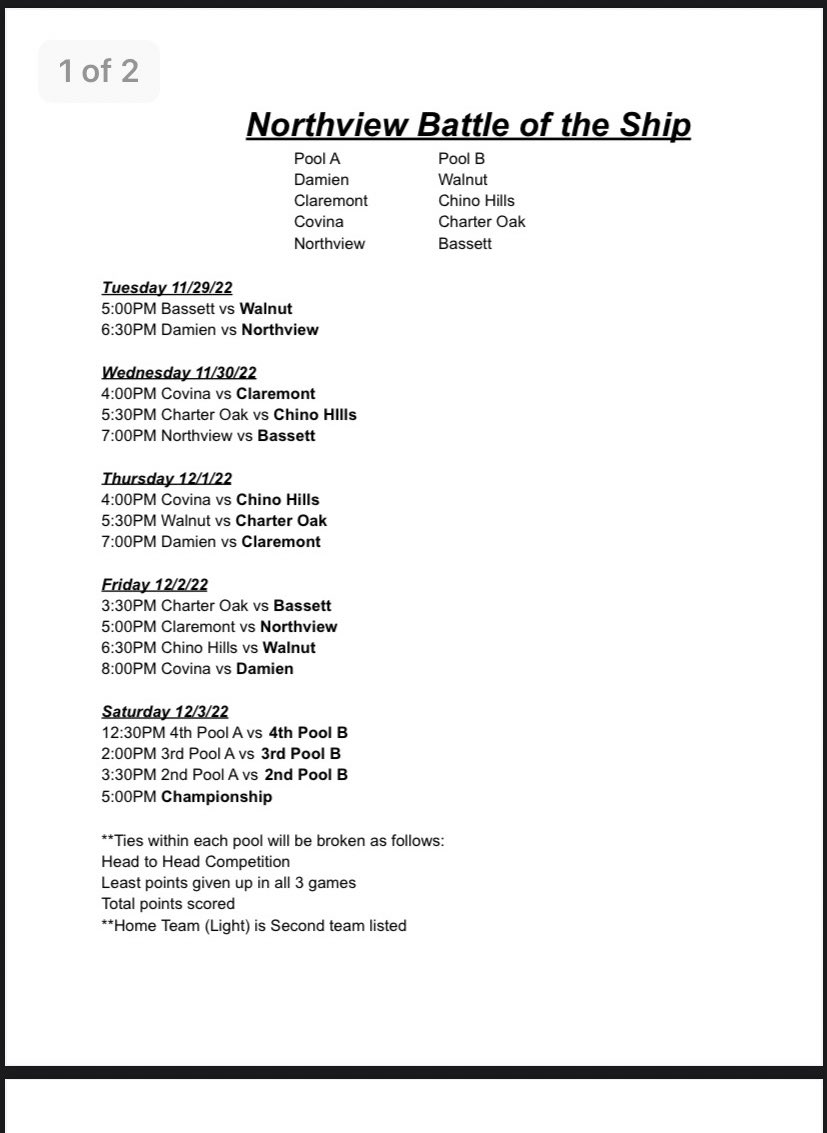 Northview Battle of the ship tourney this coming week. Starting Tuesday with Walnut vs Bassett at 5 and Damien vs Northview at 6:30. Look forward to this week!!