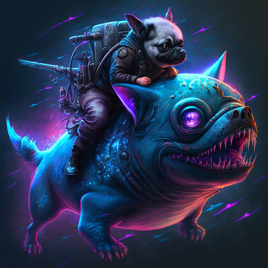 GenerativeBoops's tweet image. This is one of my favorite #Midjourney pieces I&apos;ve generated. &quot;Dismal Pug (from @STARKADEworld) riding a Cyberpunk Shark&quot; 😅 #aiart