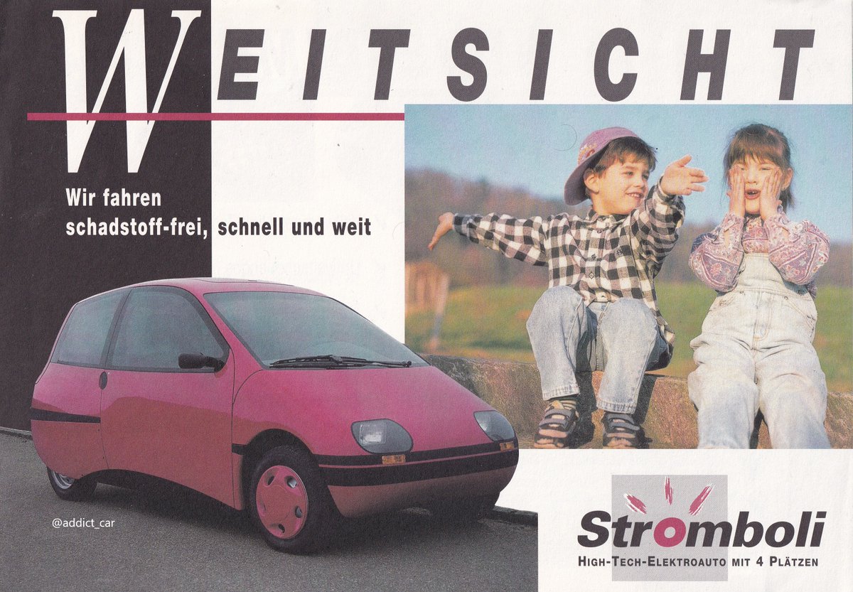 addict_car's tweet photo. #MicrocarMonday Many people, perhaps naively, imagined the electric car of the 21st century would be an ultra compact, streamlined vehicle like this Stromboli II, featured on a leaflet headed 'Foresight' - from the Swiss company proposing the design. #carbrochure #Stromboli https://t.co/mFfFNA5Jqq